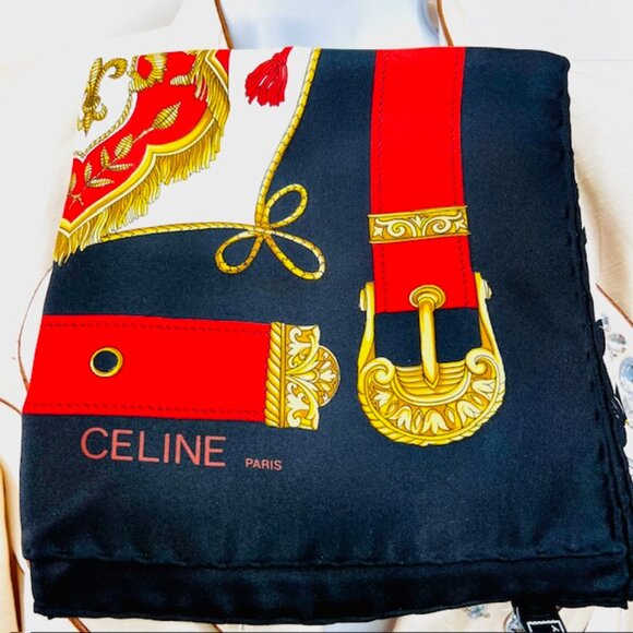 Unused Celine Paris 100% Silk Scarf Satin 34" Beige Black Red Prumpet Bow  (37 - Picture 6 of 16